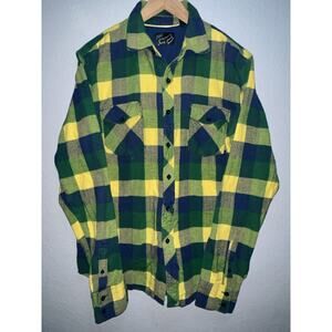 Fox Racing Plaid Flannel Shirt Green Yellow Check Button Up Long Sleeve L